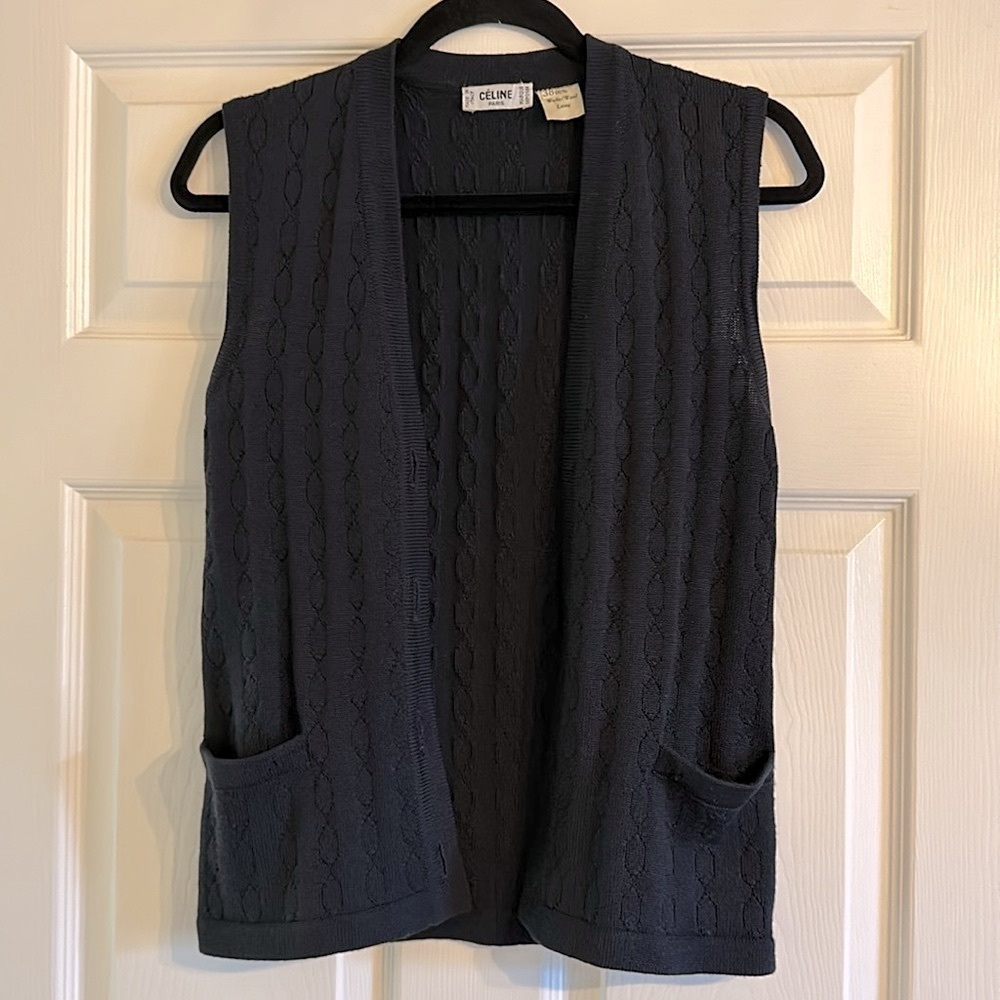 Vintage Celine Paris Navy Blue Wool Knit Vest